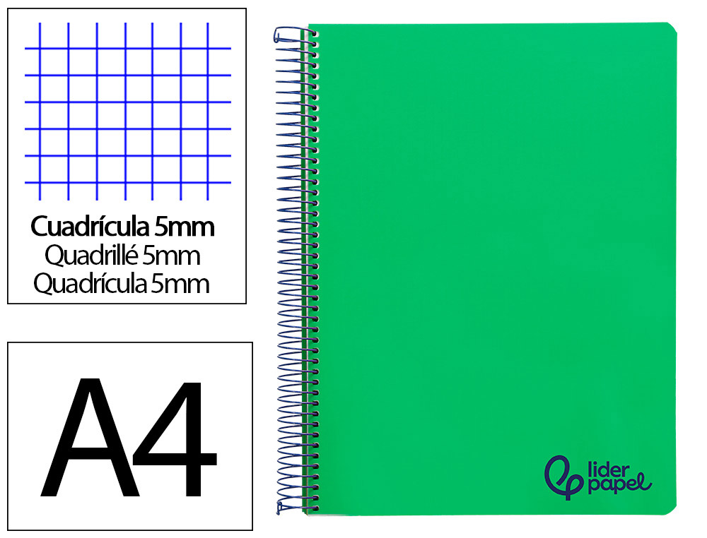 CAHIER SPIRALE LIDERPAPEL A4 MICRO WONDER 240 PAGES 90G    5X5MM 4 TROUS 5 BANDES        COULEURS GRIS