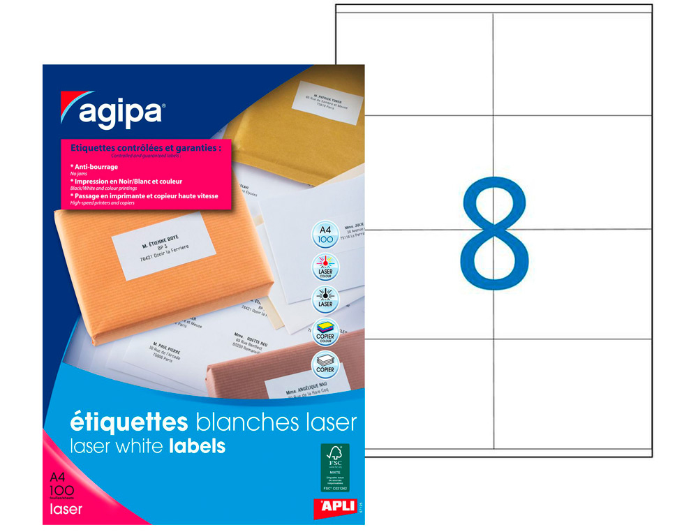 TIQUETTE ADHSIVE APLI AGIPA IMPRIMANTE LASER COPIEUR 105X72MM BOTE 800 UNITS
