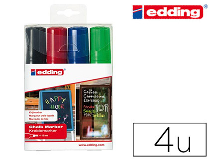 MARQUEUR EDDING CRAIE LIQUIDE E4090 FENTRE ARDOISE VERRE POINTE BISEAUTE TRAC 4/15MM ASSORTIS POCHETTE 4 UNITS