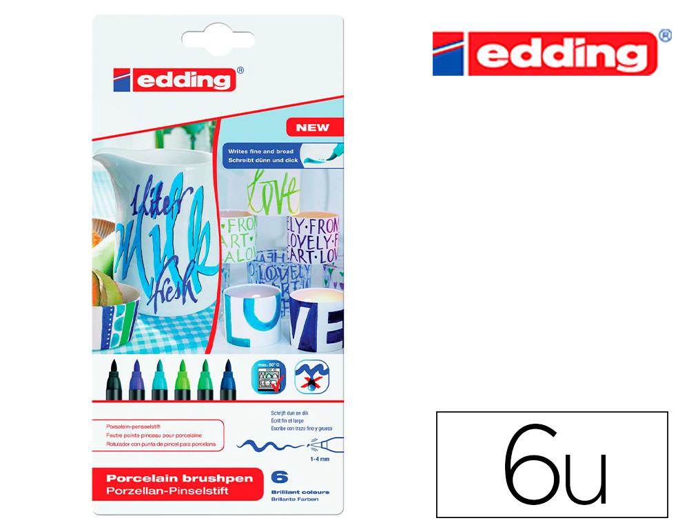 FEUTRE EDDING PORCELAINE E4200 CÉRAMIQUE ÉMAILLÉE VERRE POINTE PINCEAU FINE FLEXIBLE POCHETTE 6 COLORIS FROIDS
