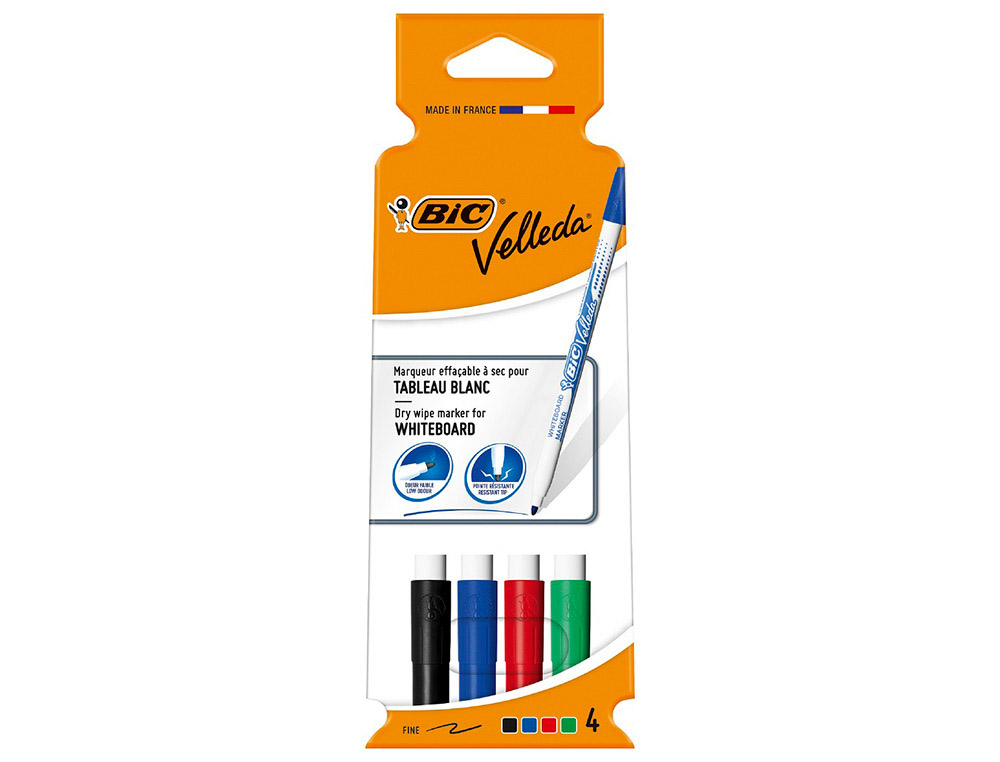 MARQUEUR BIC VELLEDA 1721 EFFAABLE POINTE OGIVE 1MM ENCRE ALCOOL SANS ODEUR CORPS PLASTIQUE POCHETTE 4 UNITS