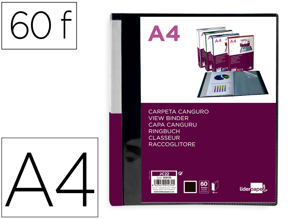 PROTEGE-DOCUMENTS LIDERPAPEL PERSONNALISABLE KANGOUROU     POLYPROPYLENE 60 POCHETTES    FIXES A4 COLORIS NOIR OPAQUE