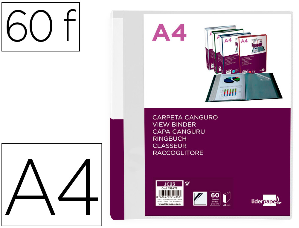 PROTEGE-DOCUMENTS LIDERPAPEL PERSONNALISABLE KANGOUROU     POLYPROPYLENE 60 POCHETTES    FIXES A4 COLORIS TRANSPARENT