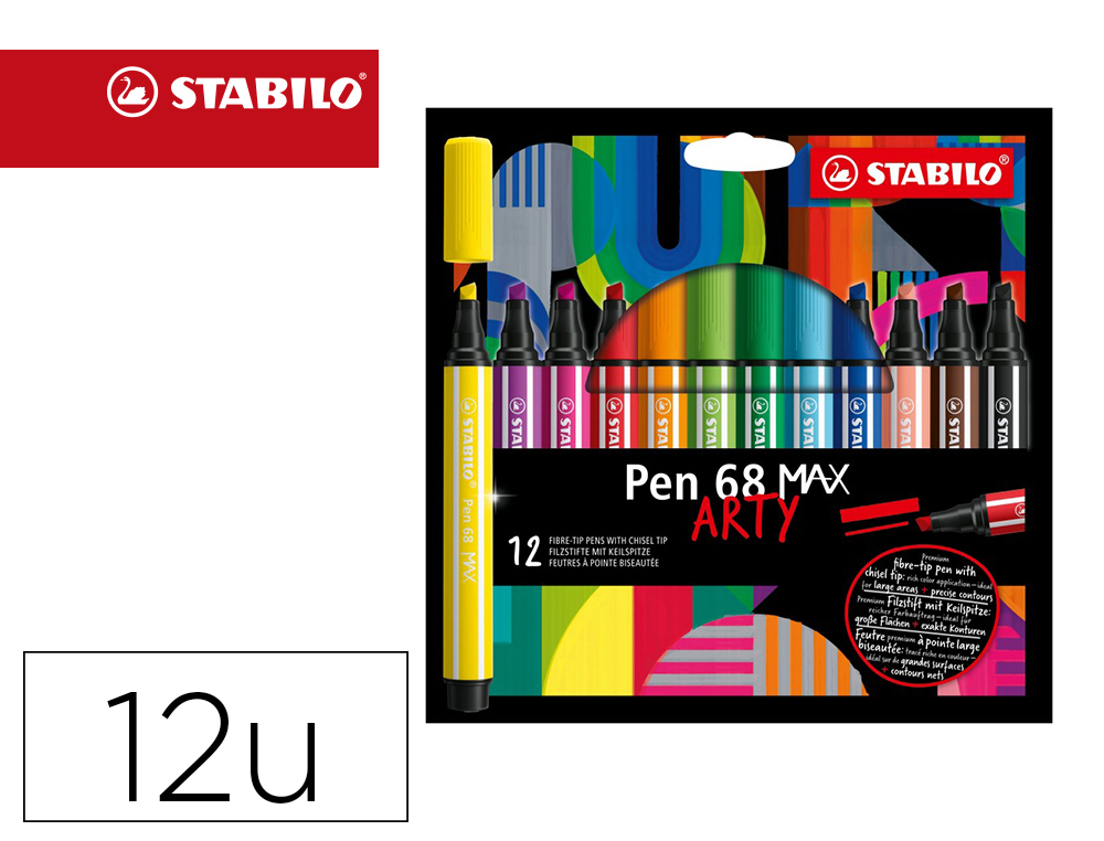 FEUTRE COLORIAGE STABILO PEN 68 MAX ARTY ENCRE AQUARELLABLEPOINTE LARGE BISEAUTEE ETUI CARTON 12 COLORIS ASSORTIS