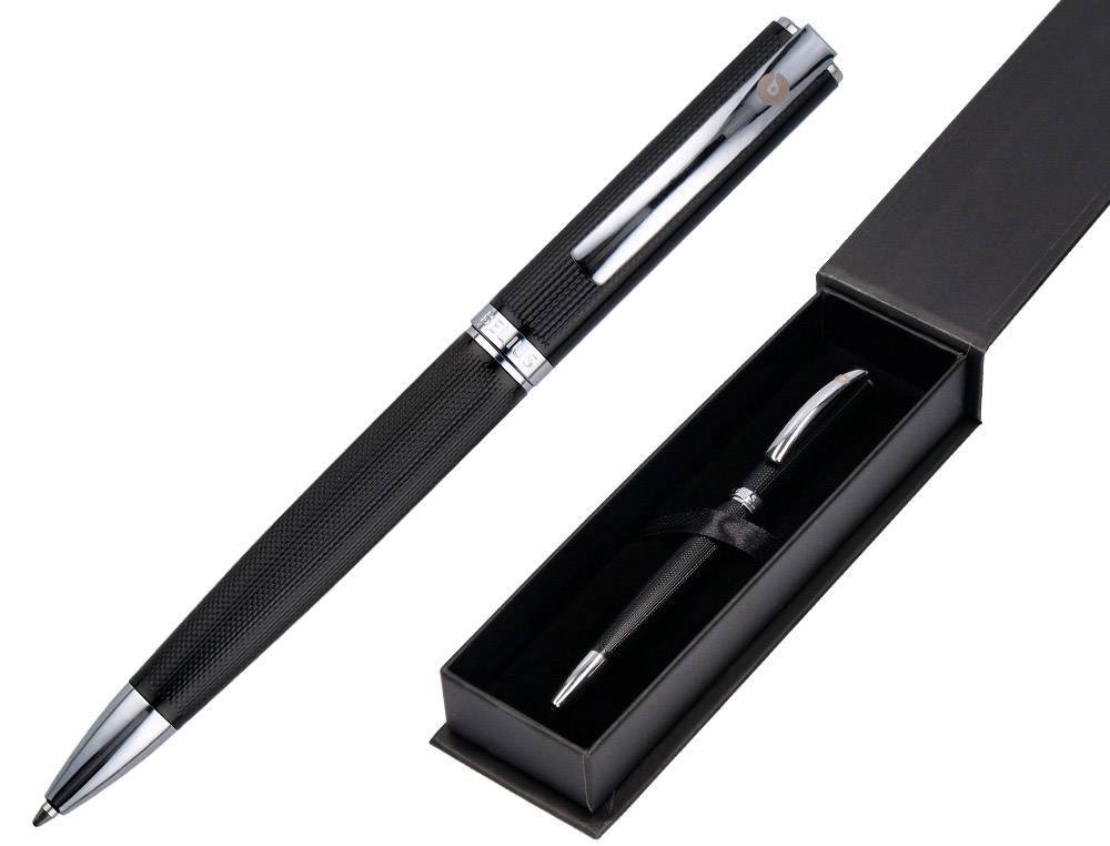 STYLO-BILLE BELIUS TURBO ALUMINIUM TEXTURE POINTILLEE ATTRIBUTS ARGENT ENCRE BLEUE COLORIS NOIR DANS COFFRET CADEAU