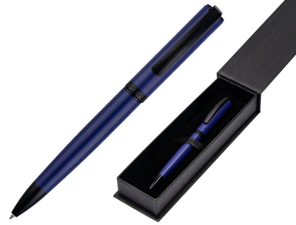STYLO-BILLE BELIUS TURBO ALUMINIUM TEXTURE POINTILLEE ATTRIBUTS NOIR ENCRE BLEUE COLORIS BLEU DANS COFFRET CADEAU