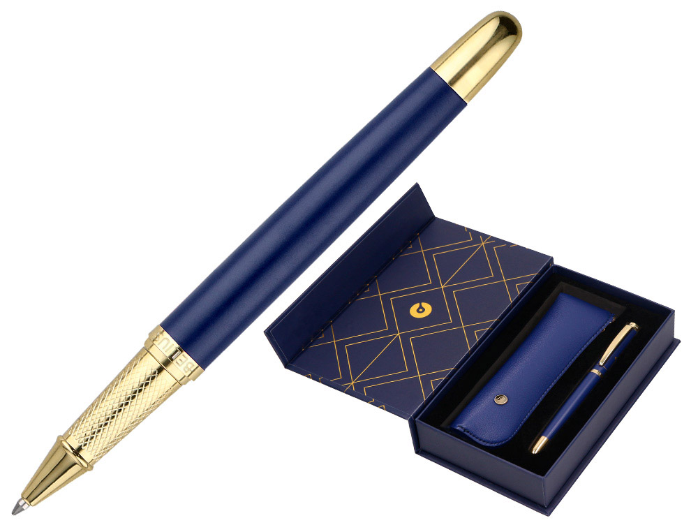 STYLO-BILLE ET ETUI SIMILI CUIR BELIUS SOIREE ALUM. DETAILS ET ATTRIBUTS OR ENCRE BLEUE COL. BLEU MARINE COFFRET CADEAU