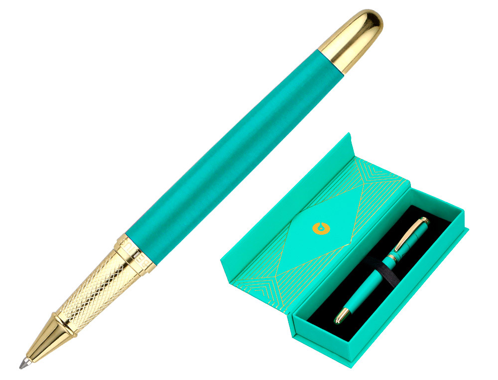 STYLO-BILLE BELIUS SOIREE ALUMINIUM DETAILS ET ATTRIBUTS OR ENCRE BLEUE COLORIS TURQUOISE DANS COFFRET CADEAU