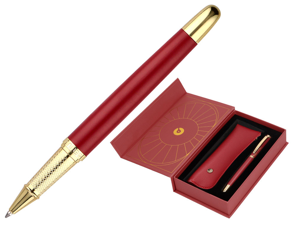 STYLO-BILLE ET ETUI SIMILI CUIR BELIUS SOIREE ALUM. DETAILS ET ATTRIBUTS OR ENCRE BLEUE COLORIS BORDEAUX COFFRET CADEAU
