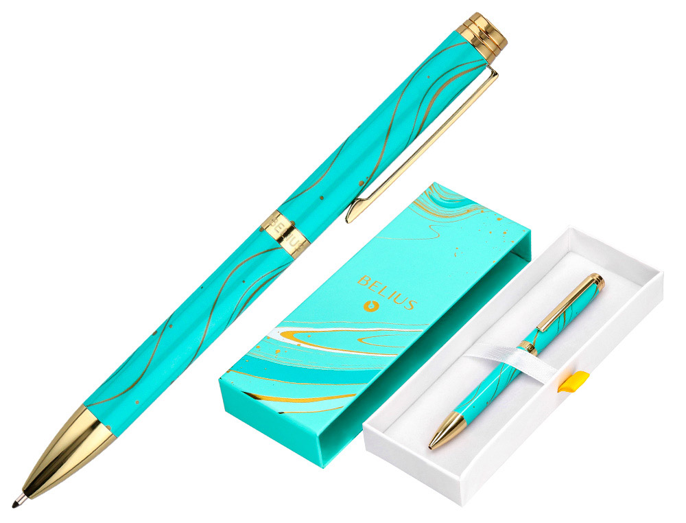 STYLO-BILLE BELIUS AQUA ALUMINIUM DETAILS ET ATTRIBUTS OR ENCRE BLEUE COLORIS TURQUOISE DANS COFFRET CADEAU