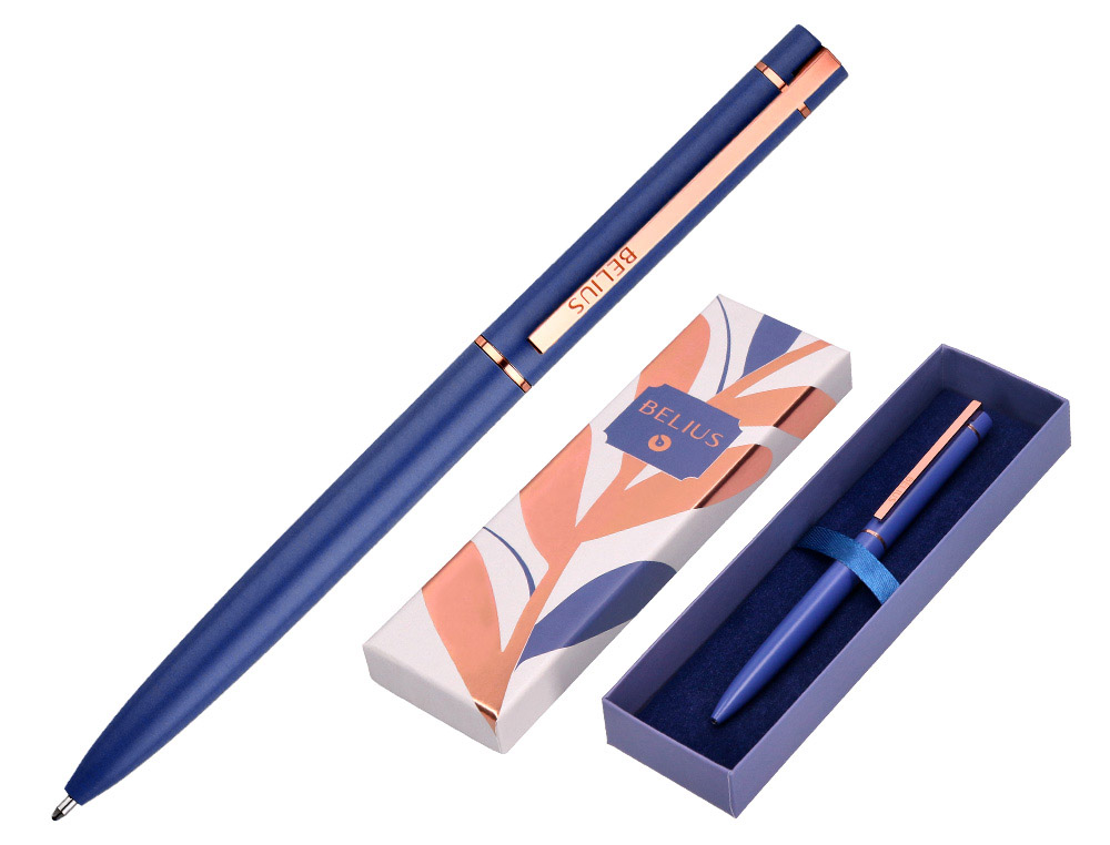 STYLO-BILLE BELIUS ROSE ALUMINIUM DETAILS ET ATTRIBUTS OR ROSE ENCRE BLEUE COLORIS BLEU ELECTRIQUE DANS COFFRET CADEAU