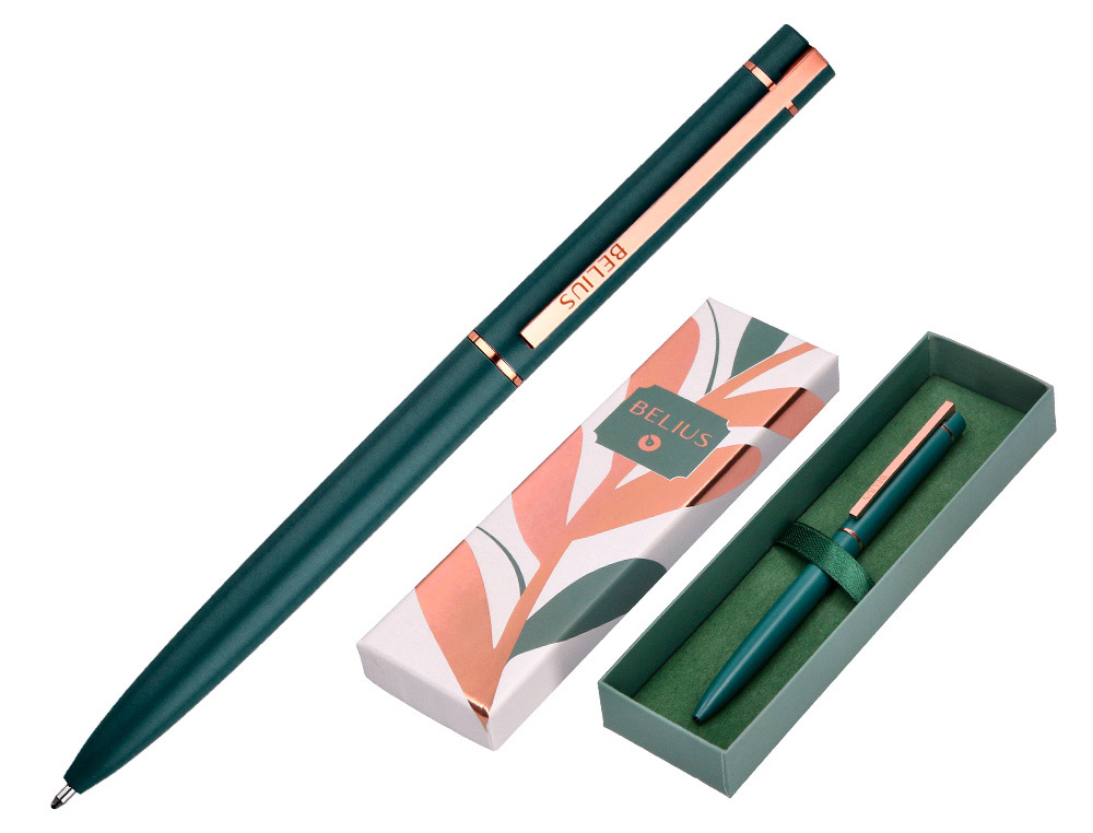 STYLO-BILLE BELIUS ROSE ALUMINIUM DETAILS ET ATTRIBUTS OR ROSE ENCRE BLEUE COLORIS VERT DANS COFFRET CADEAU
