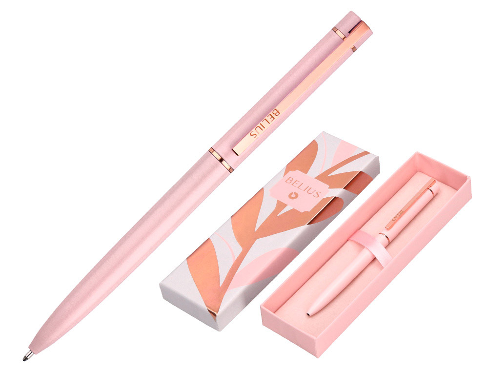 STYLO-BILLE BELIUS ROSE ALUMINIUM DETAILS ET ATTRIBUTS OR ROSE ENCRE BLEUE COLORIS ROSE DANS COFFRET CADEAU