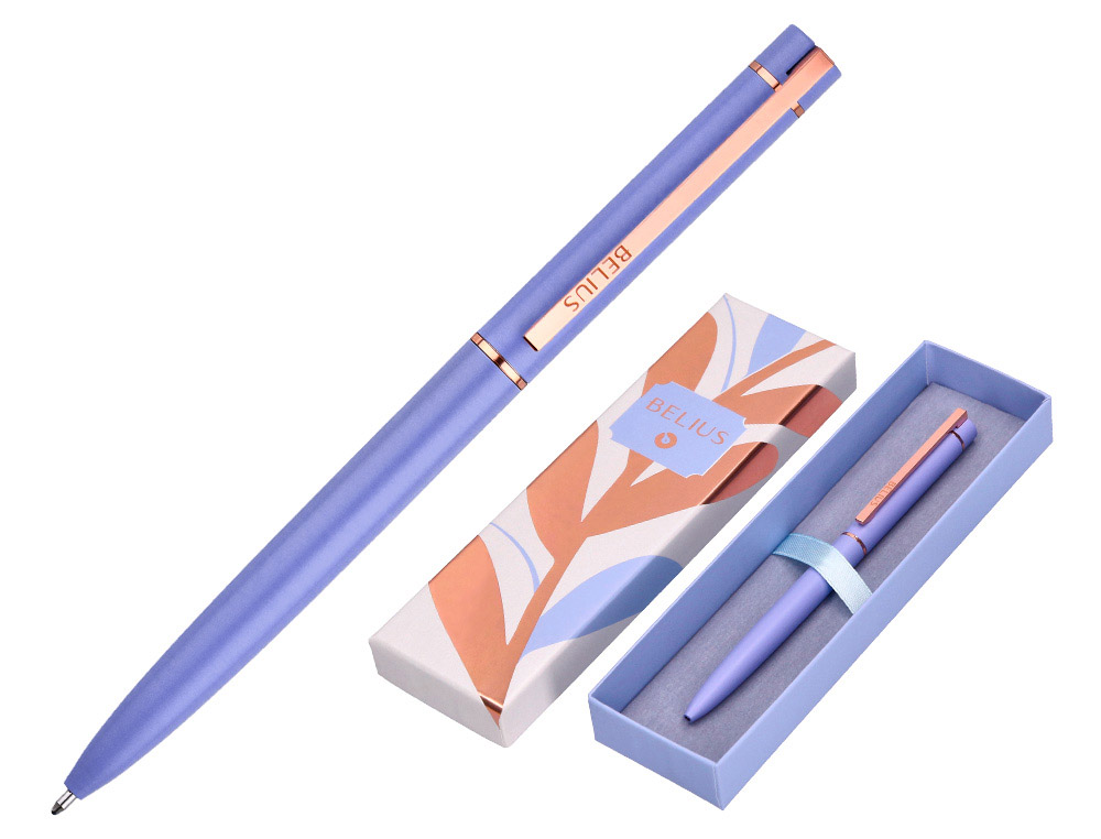 STYLO-BILLE BELIUS ROSE ALUMINIUM DETAILS ET ATTRIBUTS OR ROSE ENCRE BLEUE COLORIS LAVANDE DANS COFFRET CADEAU