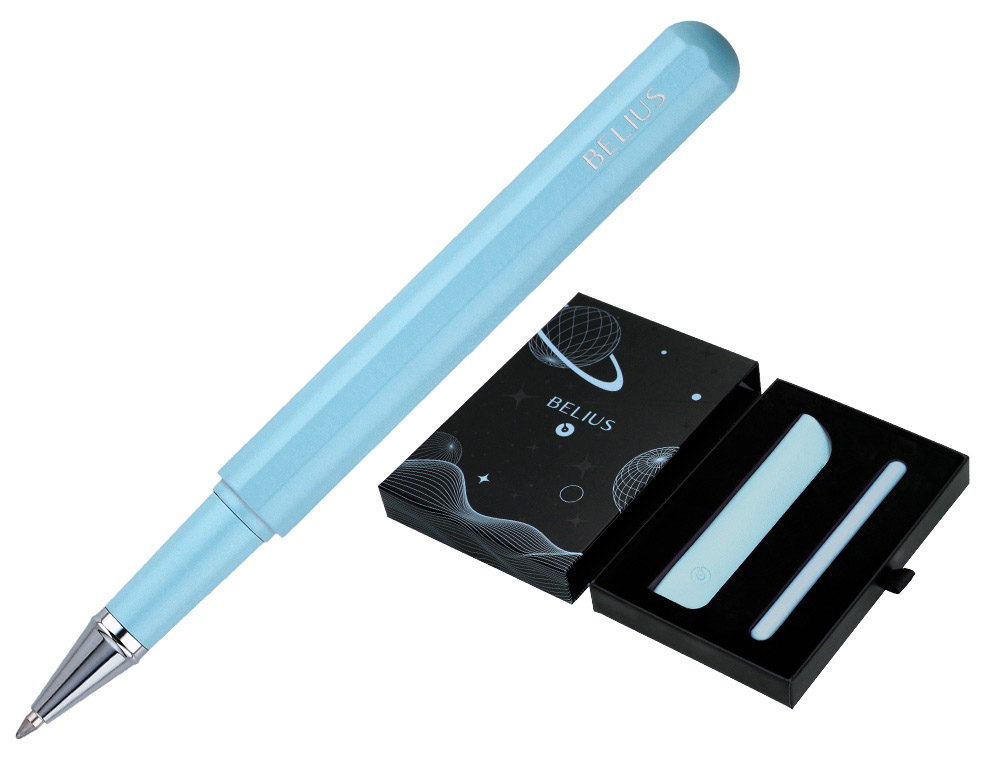 ROLLER ET ETUI EN SIMILI CUIR BELIUS SPACE B MONOCHROME SANS AGRAFE ENCRE NOIRE COLORIS BLEU DANS COFFRET CADEAU