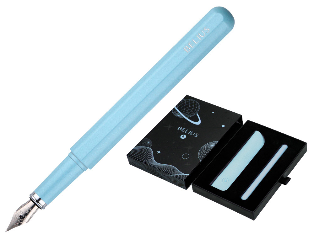 STYLO-PLUME ET ETUI EN SIMILI CUIR BELIUS SPACE B MONOCHROME SANS AGRAFE ENCRE BLEUE COLORIS BLEU DANS COFFRET CADEAU