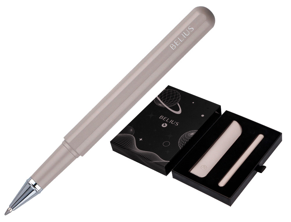 ROLLER ET ETUI EN SIMILI CUIR BELIUS SPACE B MONOCHROME SANS AGRAFE ENCRE BLEUE COLORIS GRIS DANS COFFRET CADEAU