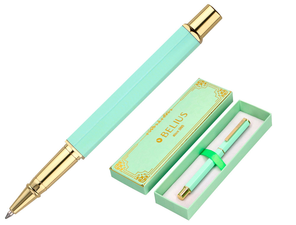 STYLO-BILLE BELIUS MACARON BLISS HEXAGONAL ALUMINIUM DETAILS ET ATTRIBUTS OR ENCRE BLEUE COLORIS VERT COFFRET CADEAU