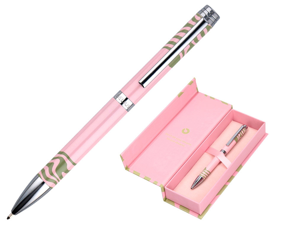STYLO-BILLE BELIUS INK DREAMS ALUMINIUM ATTRIBUTS ARGENT ENCRE BLEUE COLORIS ROSE ONDULATIONS VERT MATCHA COFFRET CADEAU