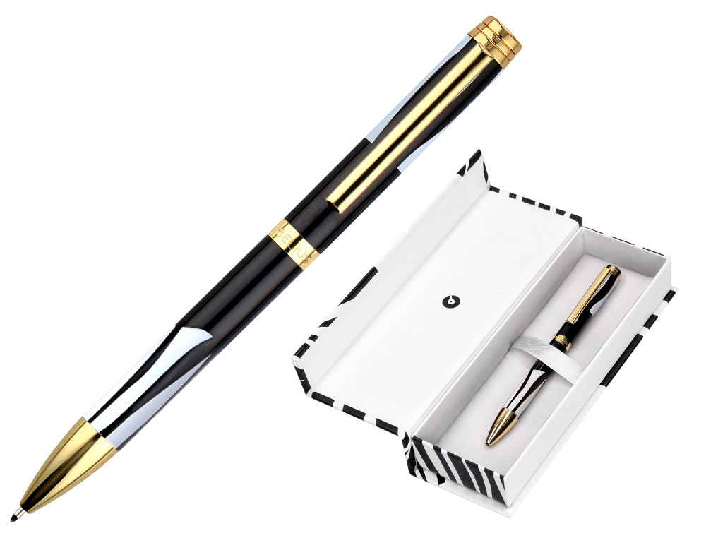 STYLO-BILLE BELIUS B&W ALUMINIUM ATTRIBUTS OR ENCRE  BLEUE COLORIS BLANC ZEBRURES  NOIRES DANS COFFRET CADEAU