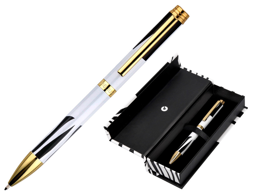 STYLO-BILLE BELIUS B&W ALUMINIUM ATTRIBUTS OR ENCRE  BLEUE COLORIS NOIR ZEBRURES   BLANCHES DANS COFFRET CADEAU