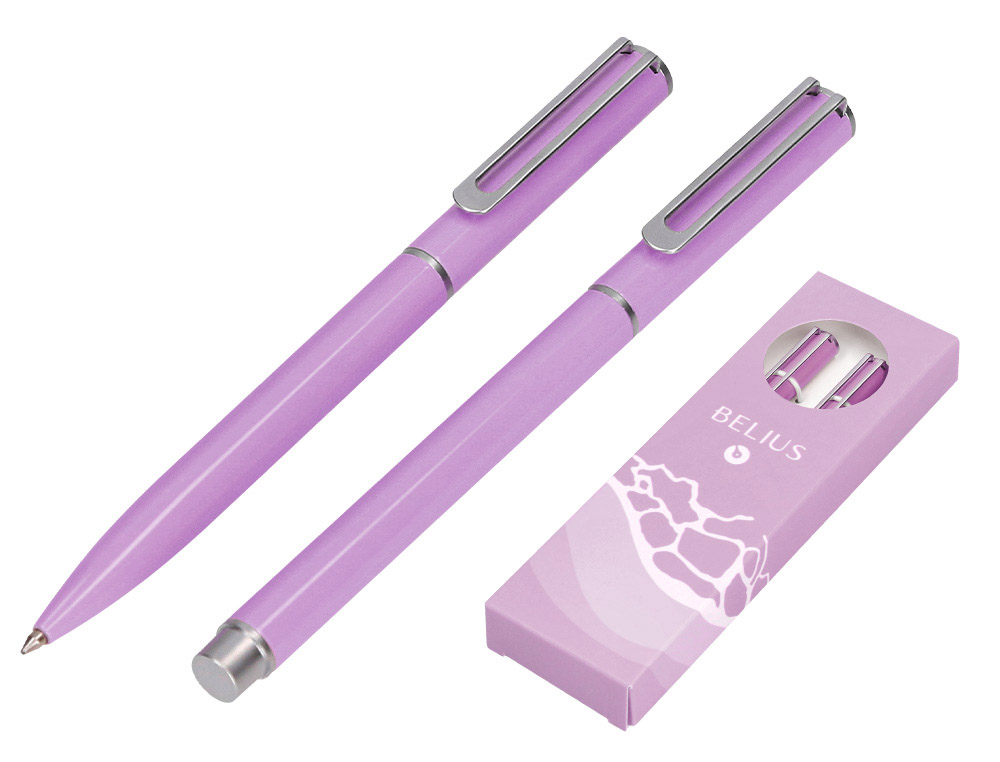 PARURE STYLO-BILLE ET ROLLER BELIUS ENDLESS SUMMER ALUMINIUM ATRIBUTS ARGENT ENCRE BLEUE COLORIS MAUVE COFFRET CADEAU
