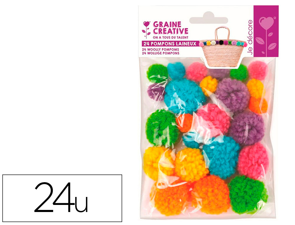 POMPON GRAINE CREATIVE POLYESTER DIAMETRE 15MM 30MM  ASS COLORIS ARC EN CIEL       SACHET DE 24U
