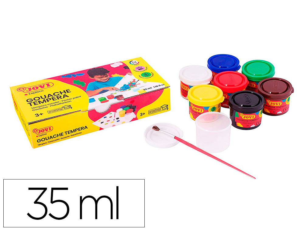 GOUACHE SCOLAIRE JOVI A BASE D'EAU COULEUR ASSORTIES 6     POTS DE 35 ML + PINCEAU+ POT  POUR L'EAU