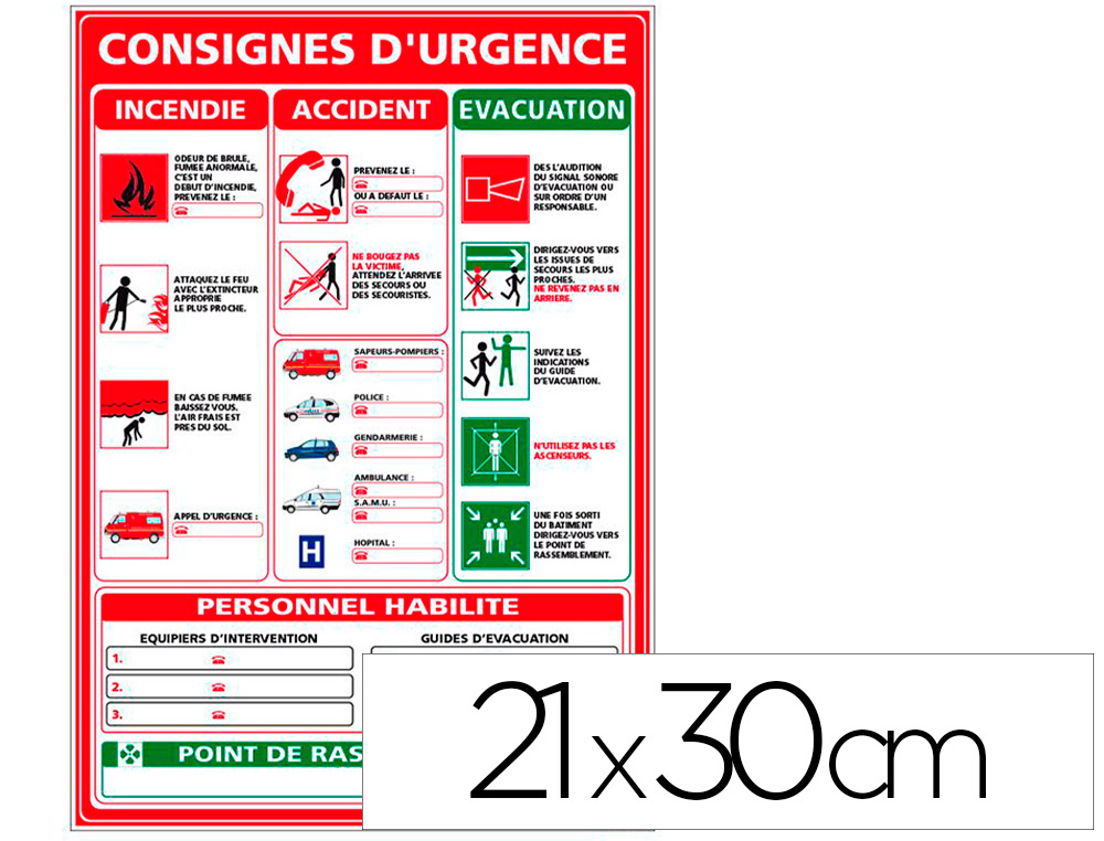PANNEAU CONSIGNES D'URGENCE - PVC SEMI-RIGIDE RECYCLABLE,    PAISSEUR 1,5 MM. LAMINATION  ANTI-UV, ANTI-GRAFFITI,
