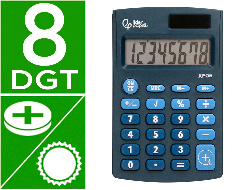 CALCULATRICE DE POCHE XF05 8 CHIFFRES SOLAIRE ET PILES     98X62X8 MM COLORIS BLEU