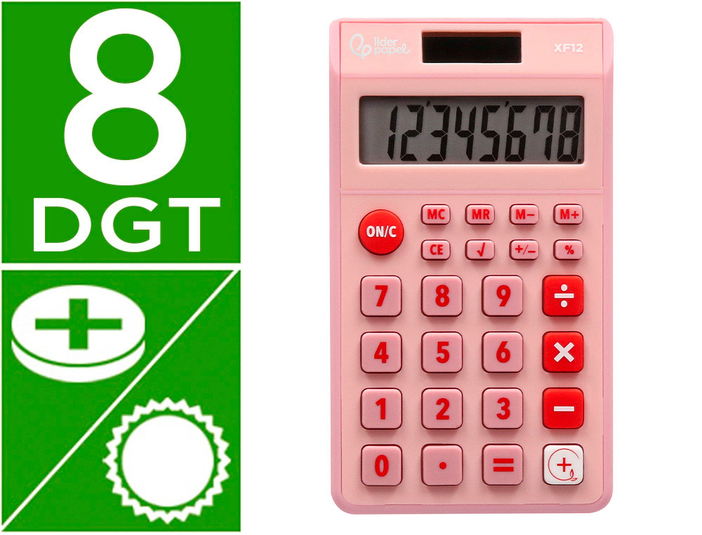 CALCULATRICE DE POCHE LIDERPAPEL XF12 8 CHIFFRES    SOLAIRE ET PILES 115X65X8 MM  COLORIS ROSE