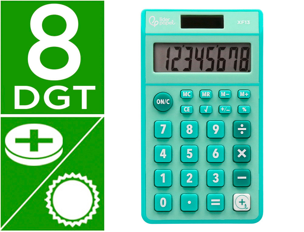 CALCULATRICE DE POCHE LIDERPAPEL XF13 8 CHIFFRES    SOLAIRE ET PILES 115X65X8 MM  COLORIS VERT