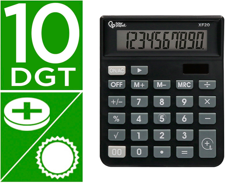 CALCULATRICE DE BUREAU LIDERPAPEL XF20 10 CHIFFRES   SOLAIRE ET PILES 127X105X24   MM COLORIS NOIR
