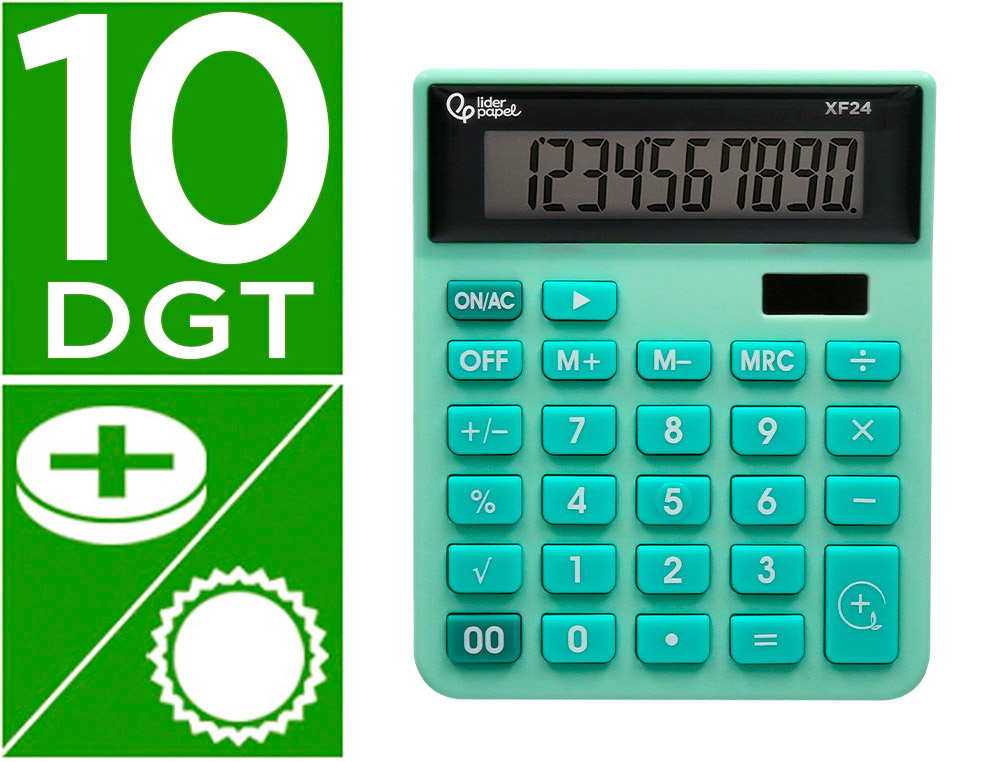 CALCULATRICE DE BUREAU LIDERPAPEL XF24 10 CHIFFRES   SOLAIRE ET PILES 127X105X24   MM COLORIS VERT