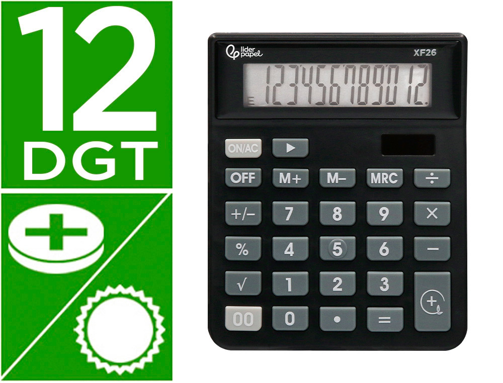 CALCULATRICE DE BUREAU LIDERPAPEL XF26 12 CHIFFRES   SOLAIRE ET PILES 127X105X24   MM COLORIS NOIR