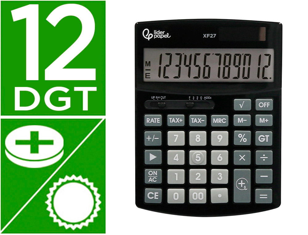 CALCULATRICE DE BUREAU LIDERPAPEL XF27 12 CHIFFRES   TAXES SOLAIRE ET PILES        COLORIS NOIR 155X115X25 MM