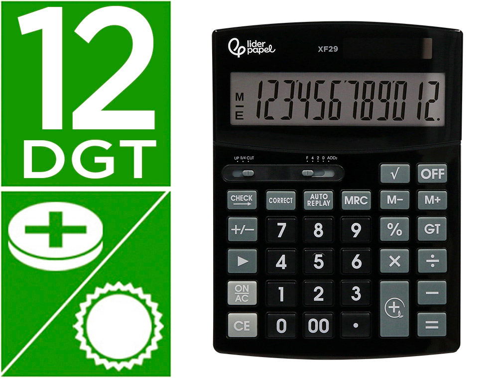 CALCULATRICE DE BUREAU LIDERPAPEL XF29 12 CHIFFRES   TAXES SOLAIRE ET PILES        COLORIS NOIR 190X140X30 MM
