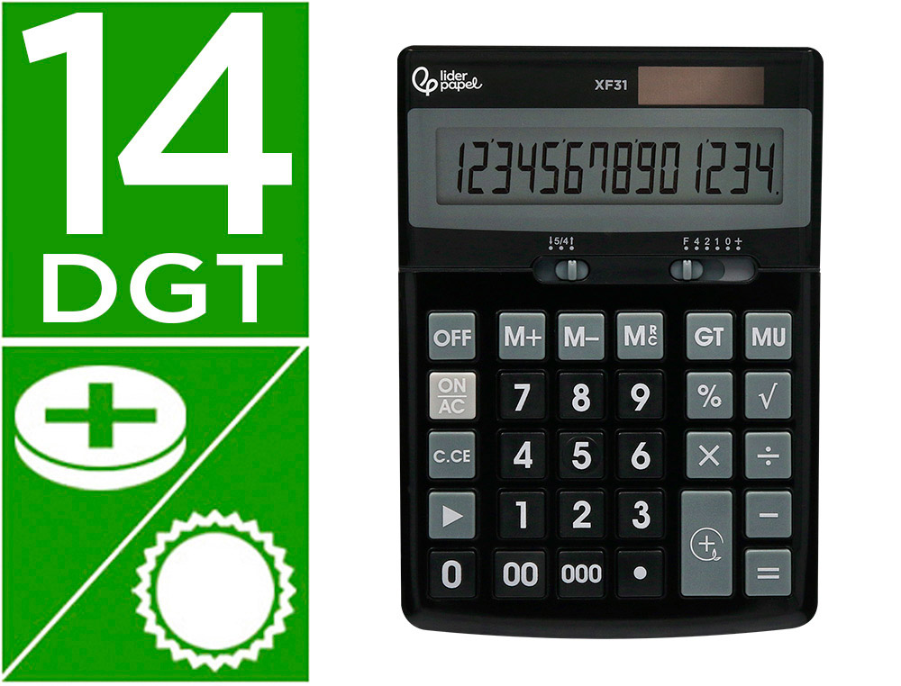 CALCULATRICE DE BUREAU LIDERPAPEL XF31 14 CHIFFRES   SOLAIRE ET PILES COLORIS NOIR 170X122X35 MM