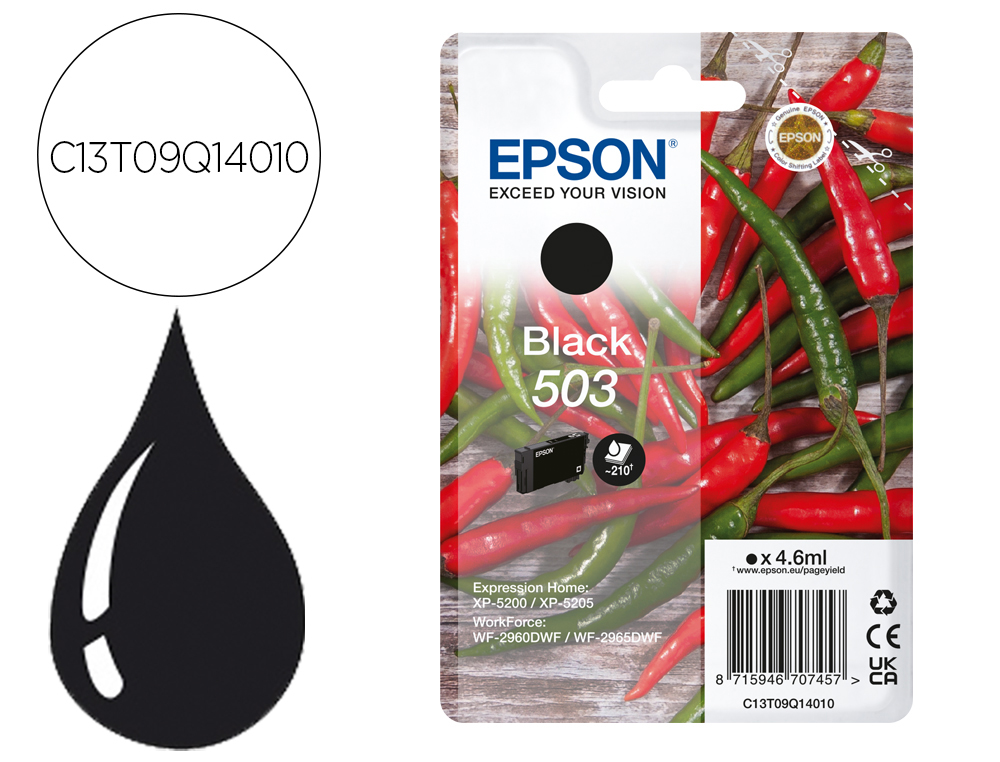 CARTOUCHE ENCRE EPSON 503 PIMENTS EPL 5200, RIP STATION 5200, WORKFORCE WF-2960 4,6ML 210P COULEUR NOIR