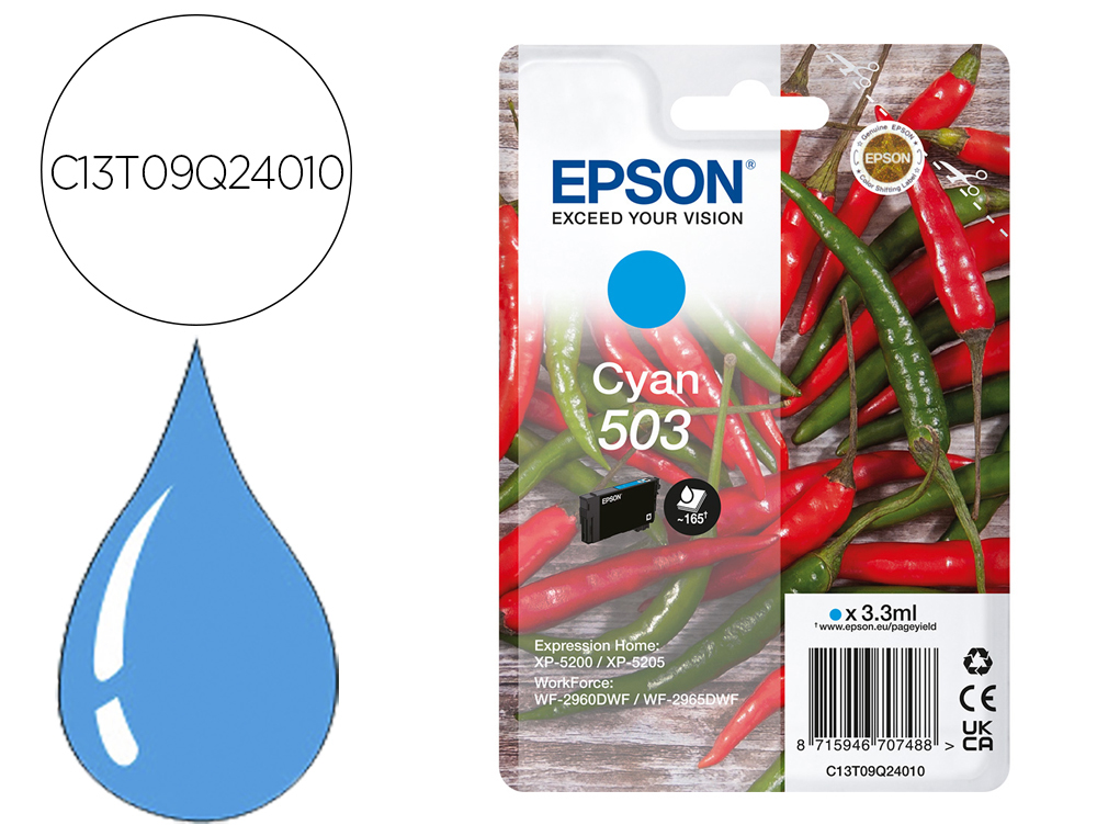 CARTOUCHE ENCRE EPSON 503 PIMENTS EPL 5200, RIP STATION 5200, WORKFORCE WF-2960 3,3ML 165P COULEUR CYAN