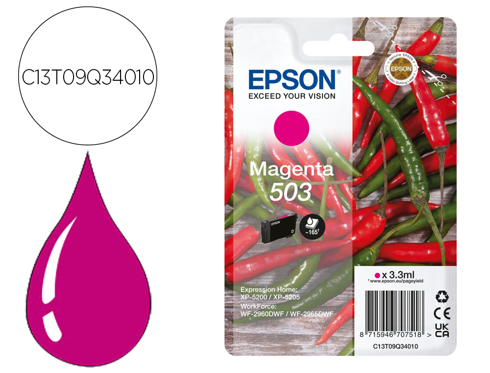 CARTOUCHE ENCRE EPSON 503 PIMENTS EPL 5200, RIP STATION 5200, WORKFORCE WF-2960 3,3ML 165P COULEUR MAGENTA