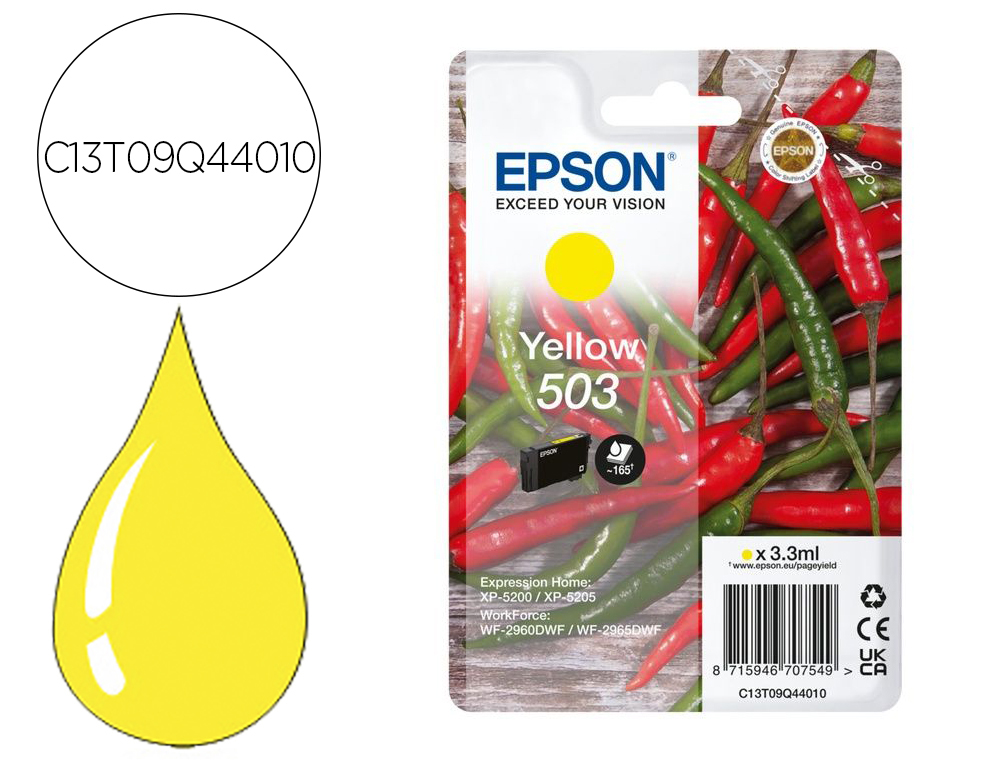 CARTOUCHE ENCRE EPSON 503 PIMENTS EPL 5200, RIP STATION 5200, WORKFORCE WF-2960 3,3ML 165P COULEUR JAUNE