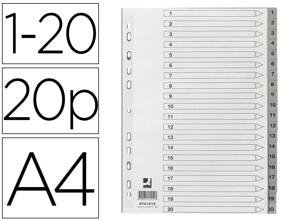 INTERCALAIRE Q-CONNECT NUMERIQUE 1-20 PLASTIQUE 20   POSITIONS A4 INDICE           MULTIPERFORE