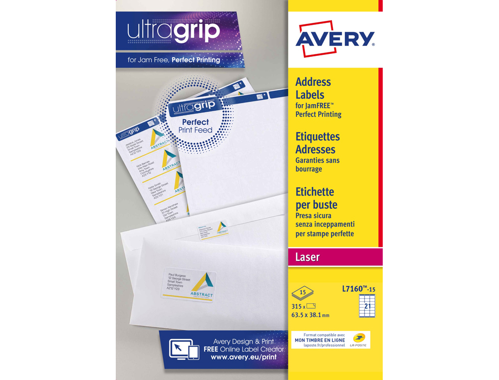 ETIQUETTE EXPEDITION AVERY IMPRESSION LASER 63,5X38,1MM  COLORIS BLANC POCHETTE 315    UNITES