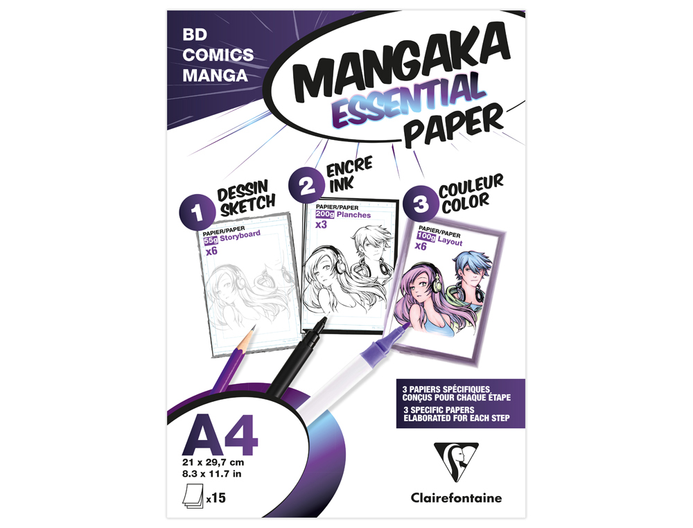 POCHETTE CLAIREFONTAINE MANGAKA ESSENTIAL PAPER A4 15 FEUILLES ASSORTI              55G/100G/200G + BROCHURE