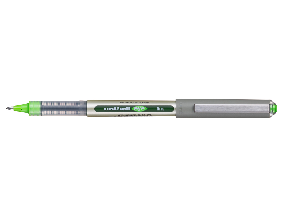 ROLLER UNIBALL EYE PLASTIQUE RECYCLE ENCRE LIQUIDE         ECRITURE MOYENNE POINTE METAL COLORIS VERT CLAIR