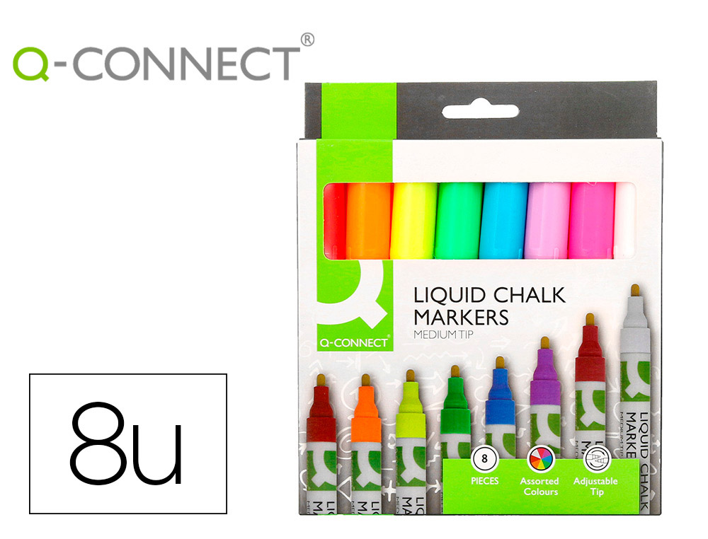 MARQUEUR Q-CONNECT CRAIE LIQUIDE POINTE RONDE TRACE    3MM COLORIS ASSORTIS BOITE 8  UNITES