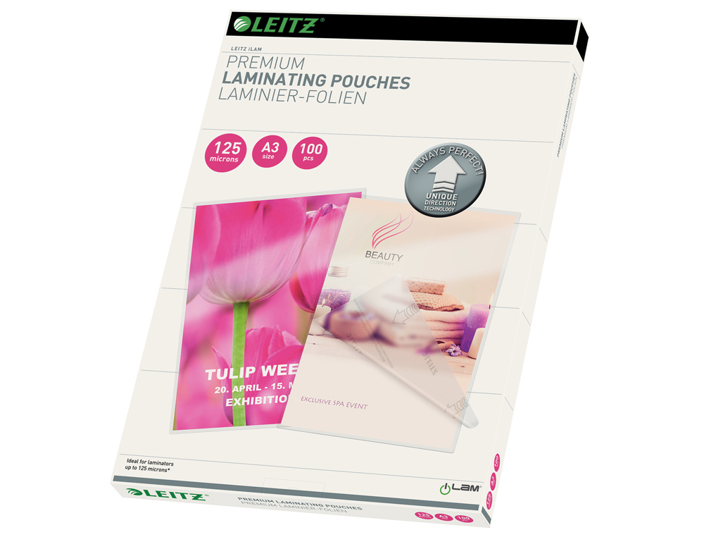POCHETTE PLASTIFICATION LEITZ UDT A3 125 MICRONS COLORIS    TRANSPARENT BOITE 100 UNITES