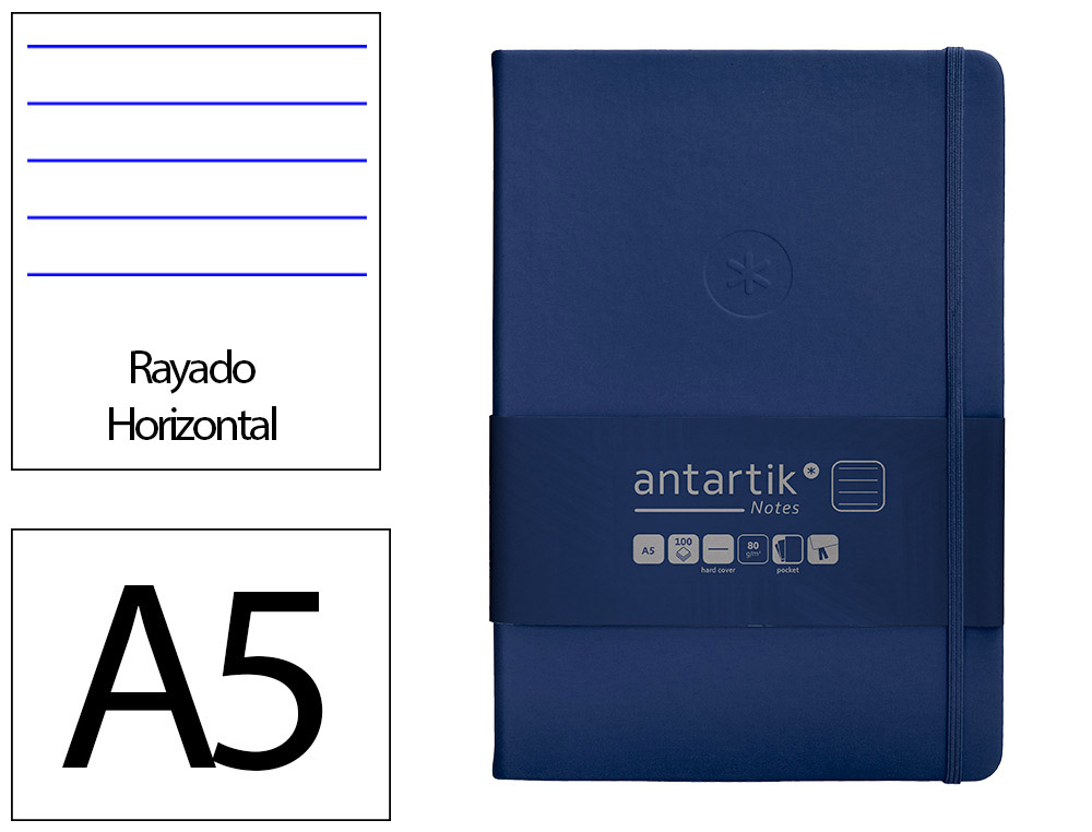 CARNET FERMETURE ELASTIQUE ANTARTIK NOTES COUVERTURE     RIGIDE A5 LIGNE 100 FEUILLES  80GR FSC COLORIS BLEU MARINE