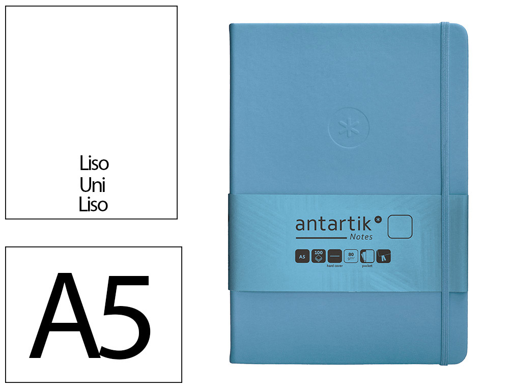 CARNET FERMETURE ELASTIQUE ANTARTIK NOTES COUVERTURE RIGIDE A5 PAPIER UNI IVOIRE 100 FEUILLES 80GR FSC BLEU CIEL